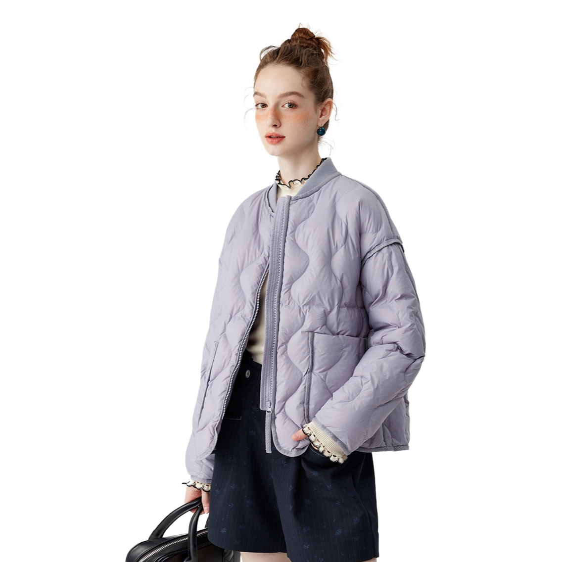 推荐商品：puretea/茶愫  纯色水波纹鸭绒短款羽绒服 女装 KF0701B41 烟紫