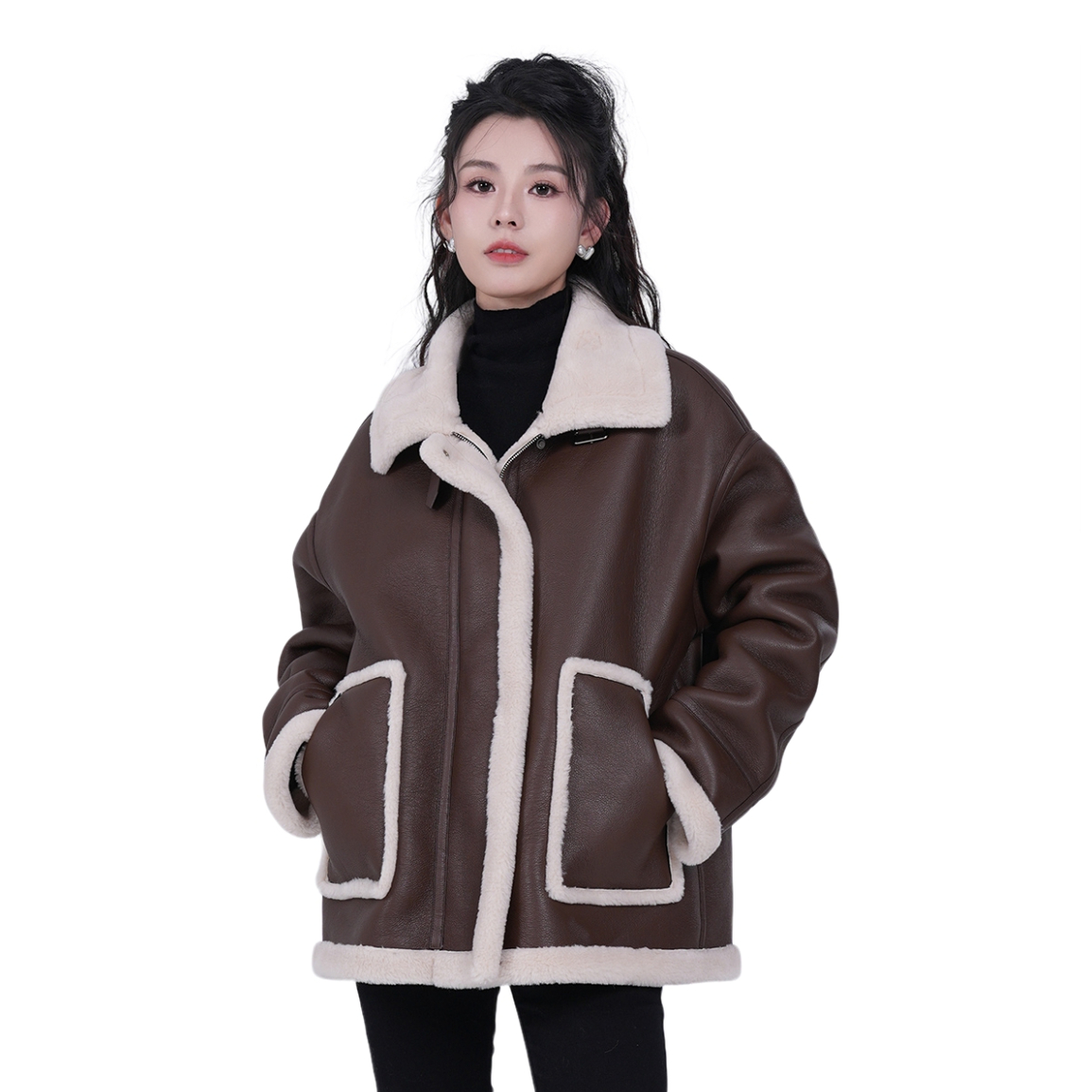 推荐商品：jessyline/杰茜莱  翻领拼色拉链毛绒高级感拼接加绒棉服 女装 340207746 咖