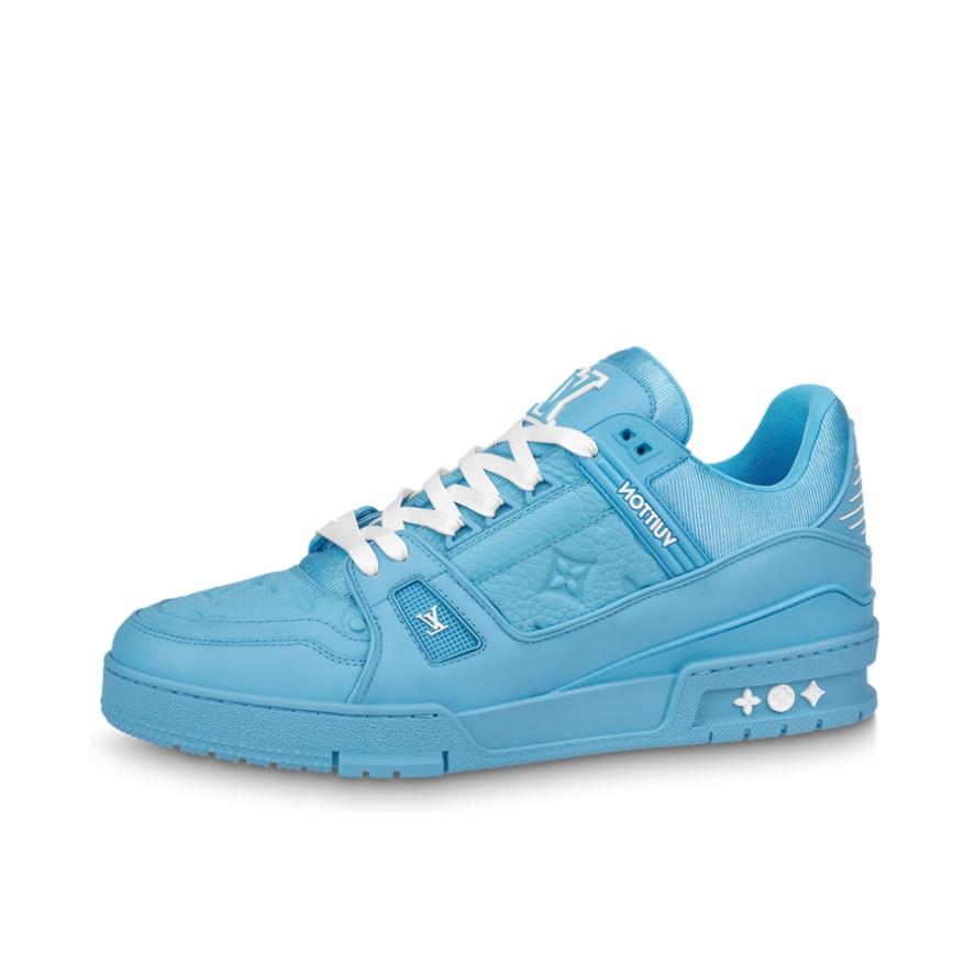 推荐商品：Louis Vuitton Trainer系列 网眼 舒适防滑 时尚潮流 圆头拼接 牛皮革 压纹 板鞋 皮革/蓝色