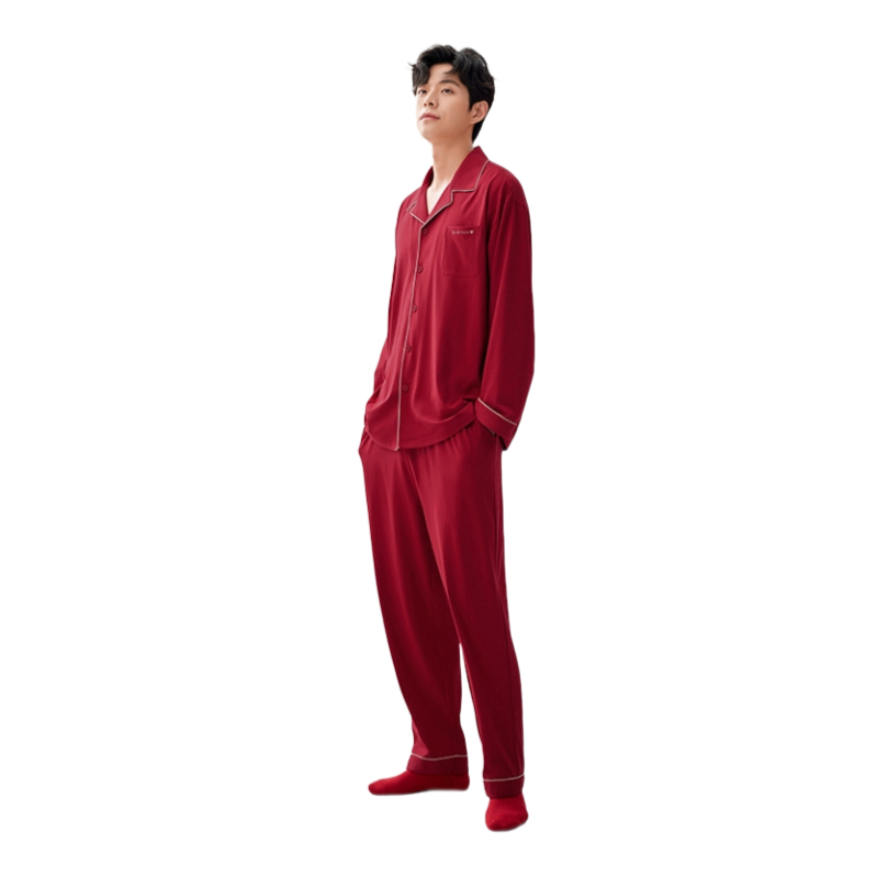 推荐商品：安之伴 纯色开衫亲肤翻领长袖睡衣套装 8233172+82331711609 第酒红-男 （英文刺绣）