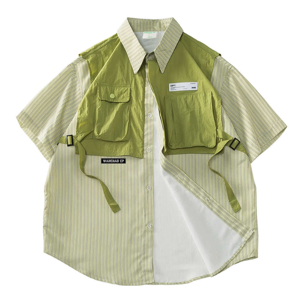 推荐商品：WANCHAO CP  美式复古工装单排扣短袖衬衫 男女同款 YKCS365CP1 绿条