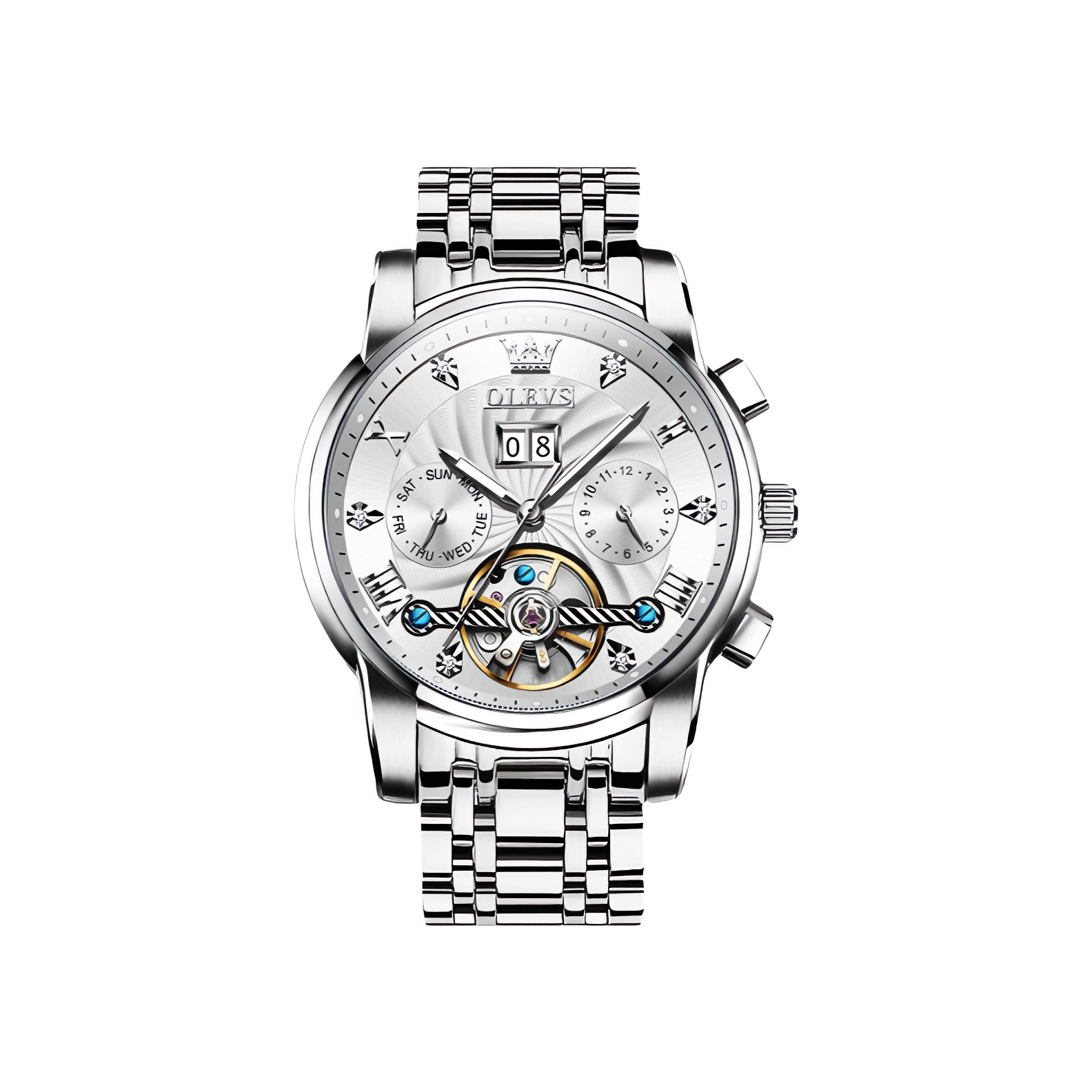 推荐商品：【情人节】OLEVS/欧利时 瑞士认证品牌双日历黑科技高档钢带霸气多功能夜光防水运动镂空机械男士手表