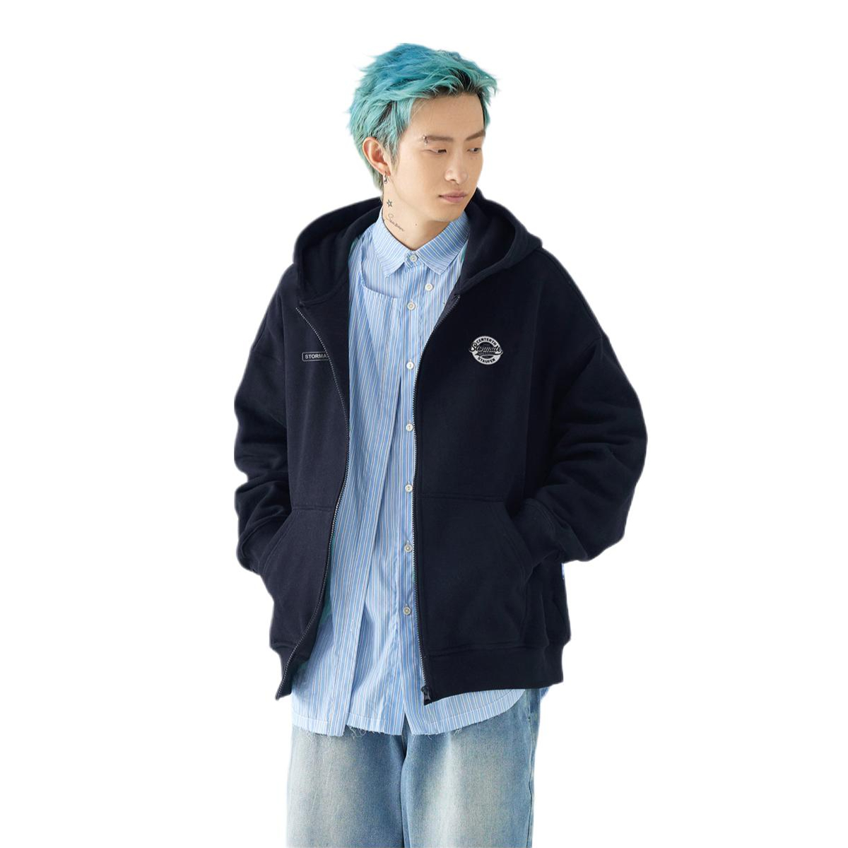 推荐商品：MPUX 字母拉链落肩连帽卫衣 MPW27 藏青