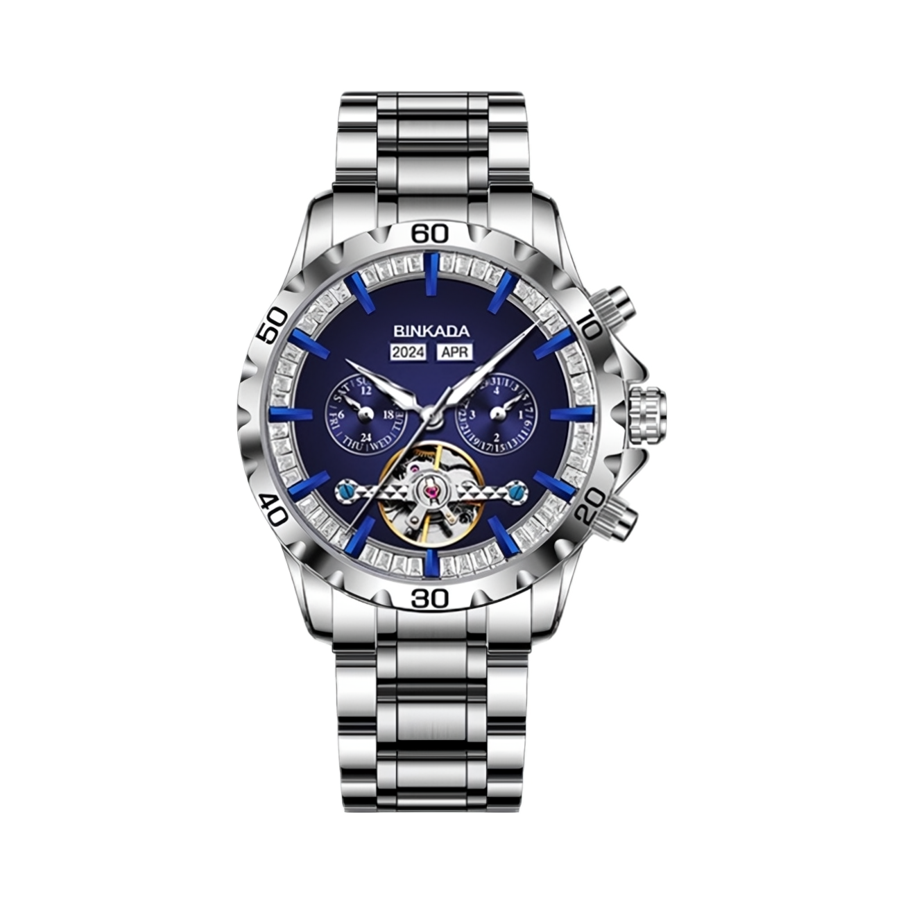 推荐商品：Binkada/宾卡达 43mm精钢表带商务镂空防水自动机械男士手表
