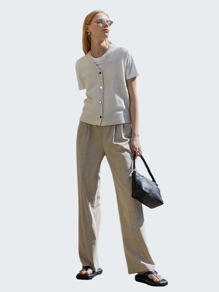 推荐商品：SOLWEIGE/索维格 花纱色纺垂坠阔腿拖地直筒双褶西装裤 女装 P31093 混色花杏