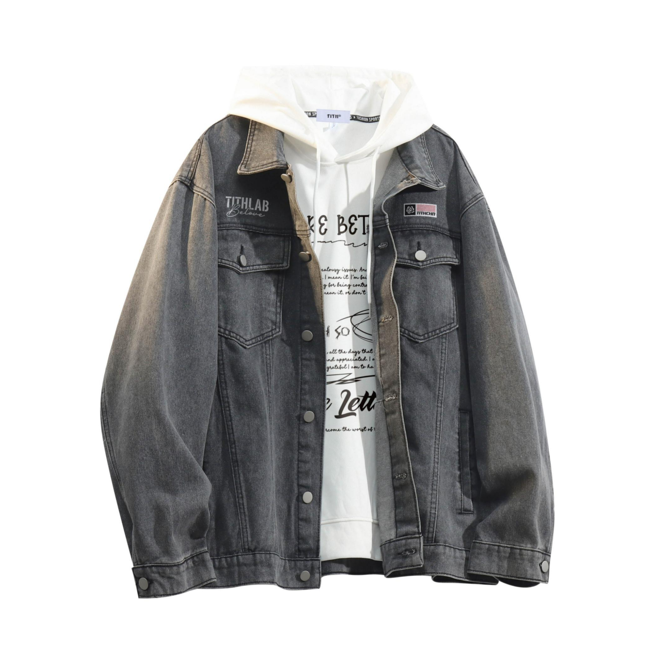推荐商品：TITH 单排扣牛仔水洗重工长袖运动套装 TH308-Q2071-163408+118 深灰夹克+白卫衣