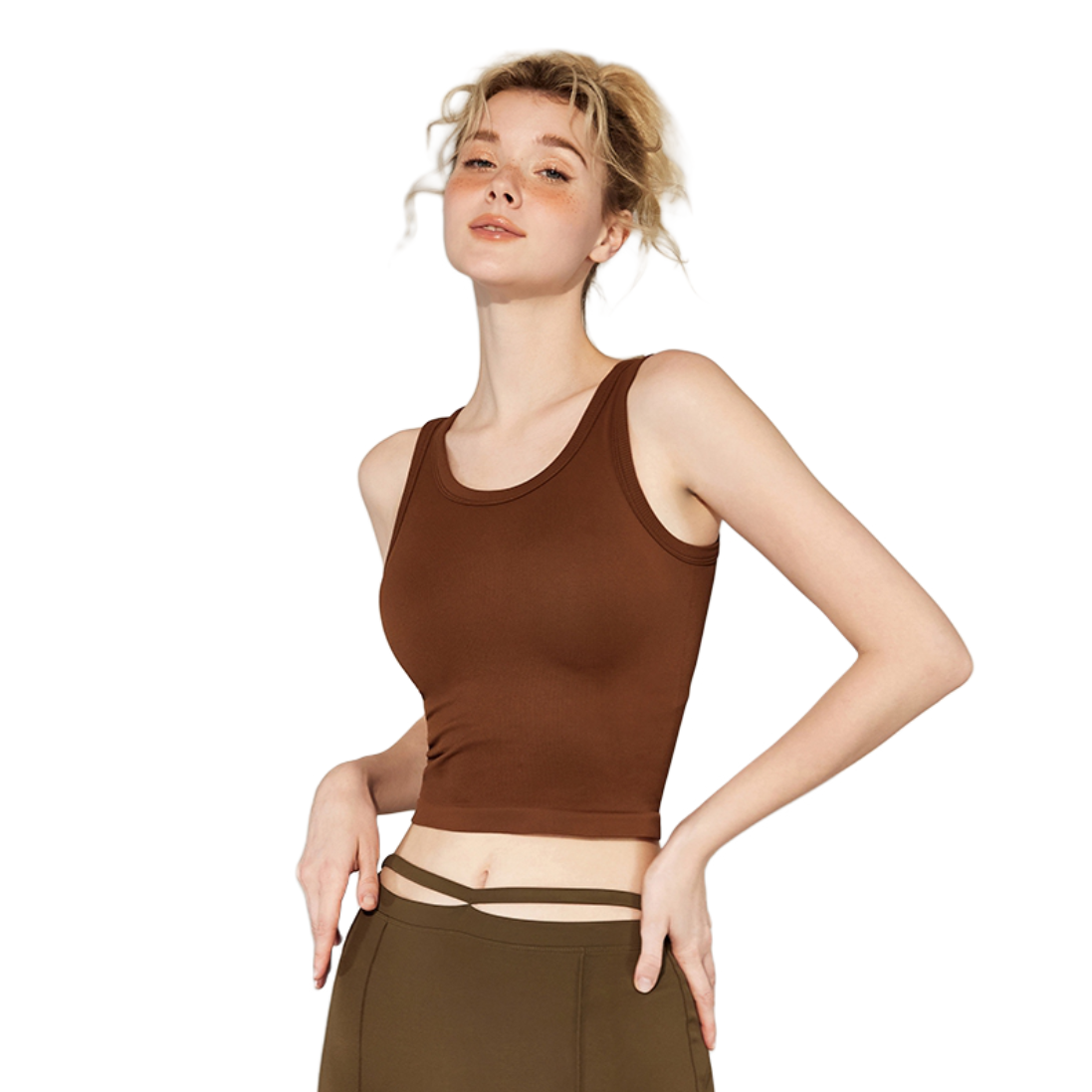 推荐商品：耐吉奥 一体式普拉提圆领贴合胸型聚拢防震可外穿运动背心 女装 NJA-BX307-1 烤棕