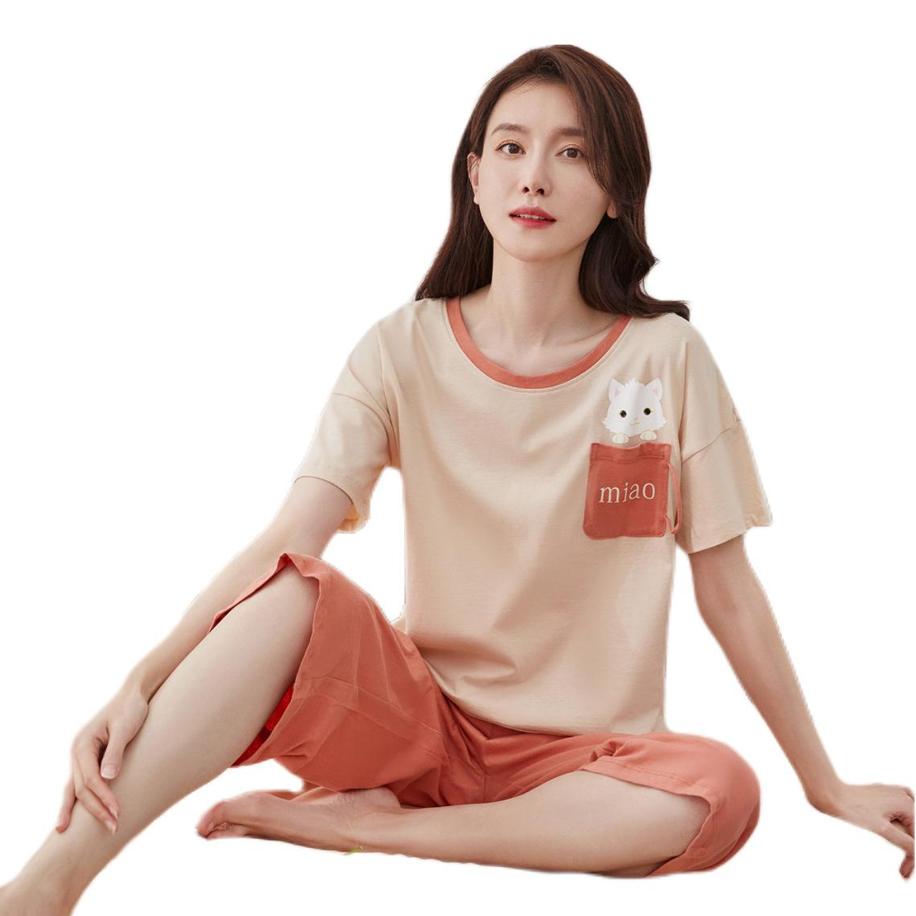 推荐商品：顶瓜瓜 透气纯棉轻薄短袖可外穿套装七分裤家居服 女装 DJJWQ-AQW22632-ZS005 上装彩棉米+下装菊粉/2件套