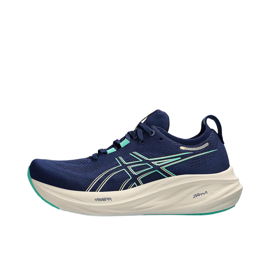 推荐商品：Asics/亚瑟士 Gel-Nimbus 26 跑鞋 缓震轻量回弹防滑耐磨舒适轻便稳定支撑马拉松短跑 女款/深蓝色/白色