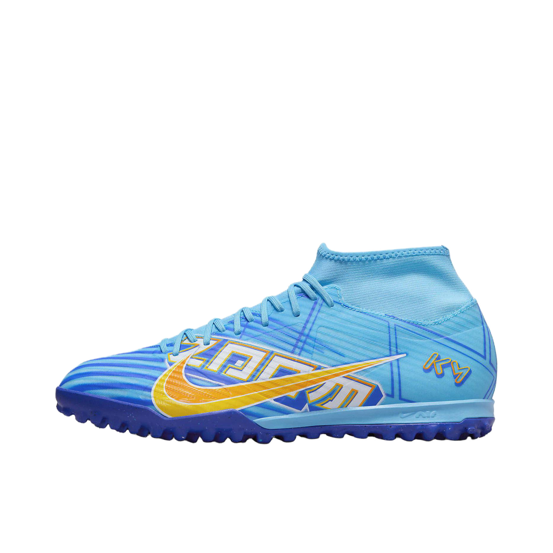 推荐商品：Nike Zoom Mercurial Superfly 9 Academy TF 中端 胶质碎钉 硬草地人造草地 圆头 足球鞋 蓝色/黄色