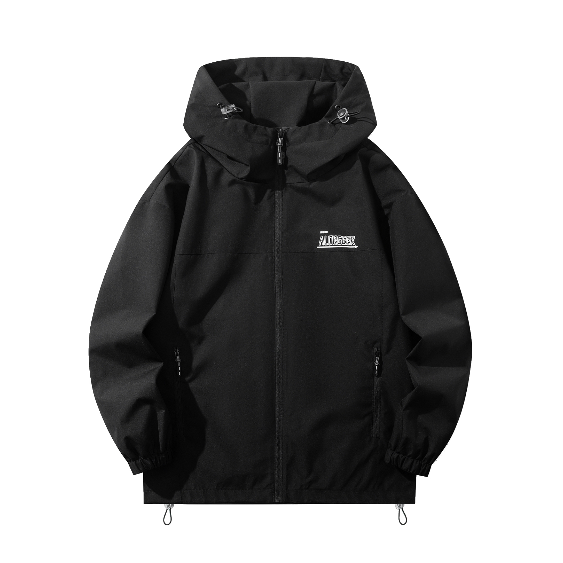 推荐商品：【钟琪同款】ALORGEEK  山系户外防水字母印花连帽冲锋衣 男女同款 AK-W8607G23 黑