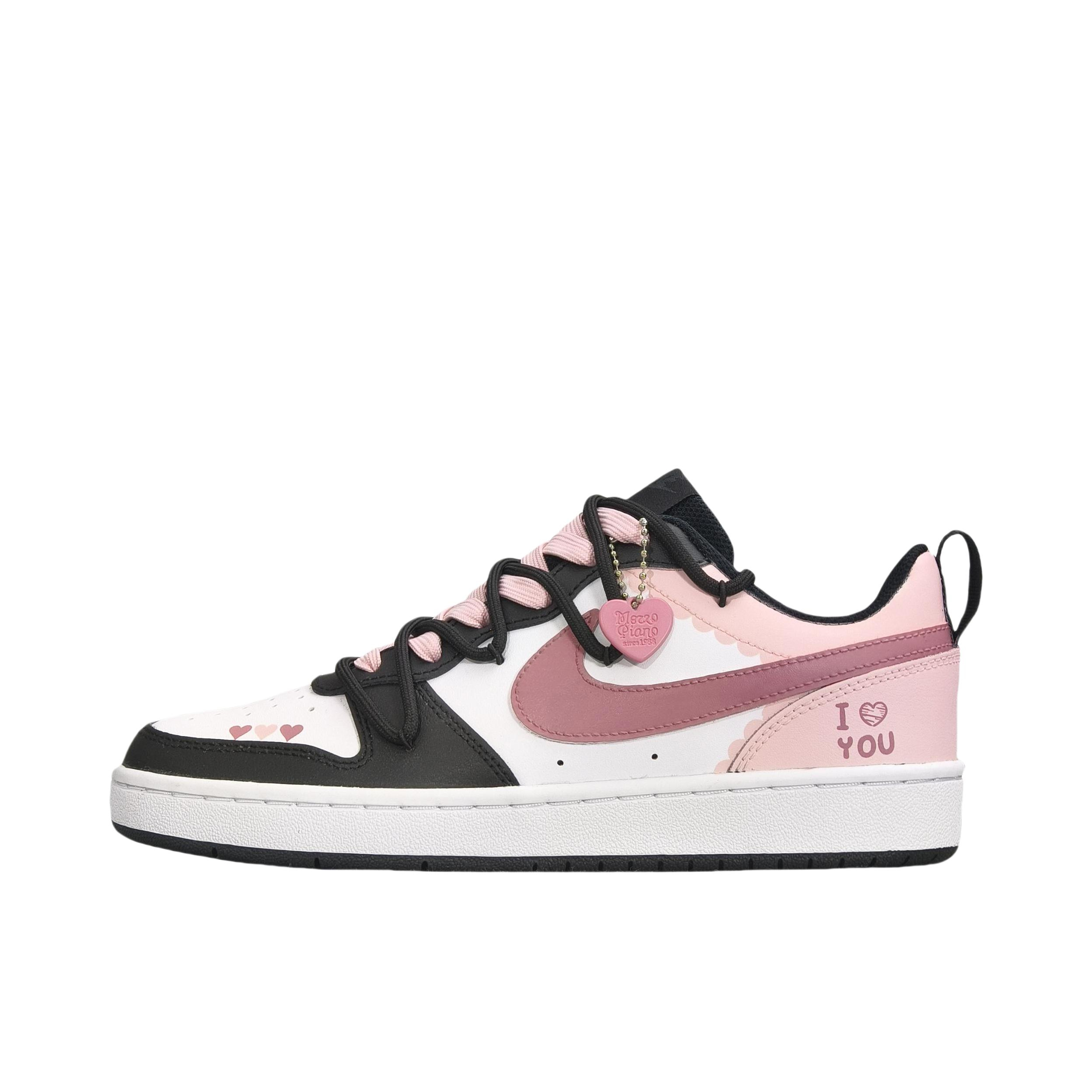 推荐商品：【定制球鞋】 Nike Court Borough 板鞋 防滑防水轻便减震手绘减龄做旧甜酷高街合成革甜妹包裹性复古婚鞋增高小白鞋薄底秋冬脏脏鞋 GS/粉色