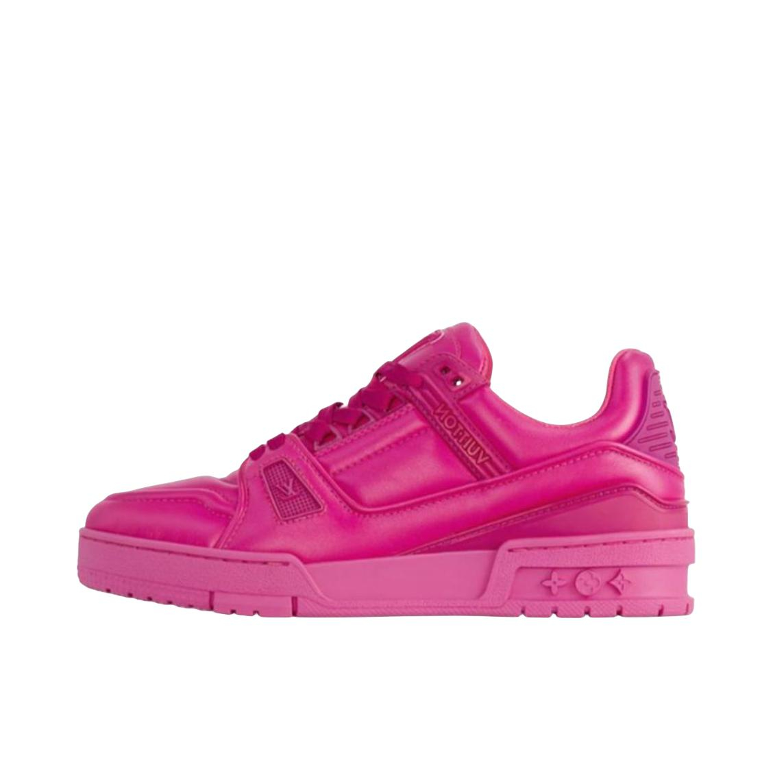 推荐商品：Louis Vuitton Trainer系列 网眼 舒适防滑 时尚潮流 圆头拼接 牛皮革 压纹 板鞋 女款/桃红色