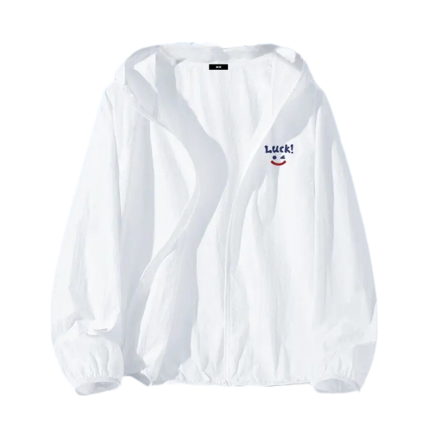 推荐商品：MH 薄款冰丝薄纱连帽防晒衣 女装 白/快乐蓝脸胸标