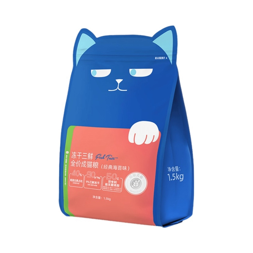 推荐商品：WoWo/喔喔 冻干三鲜经典海苔味成猫猫粮冻干粮营养无谷大蓝包