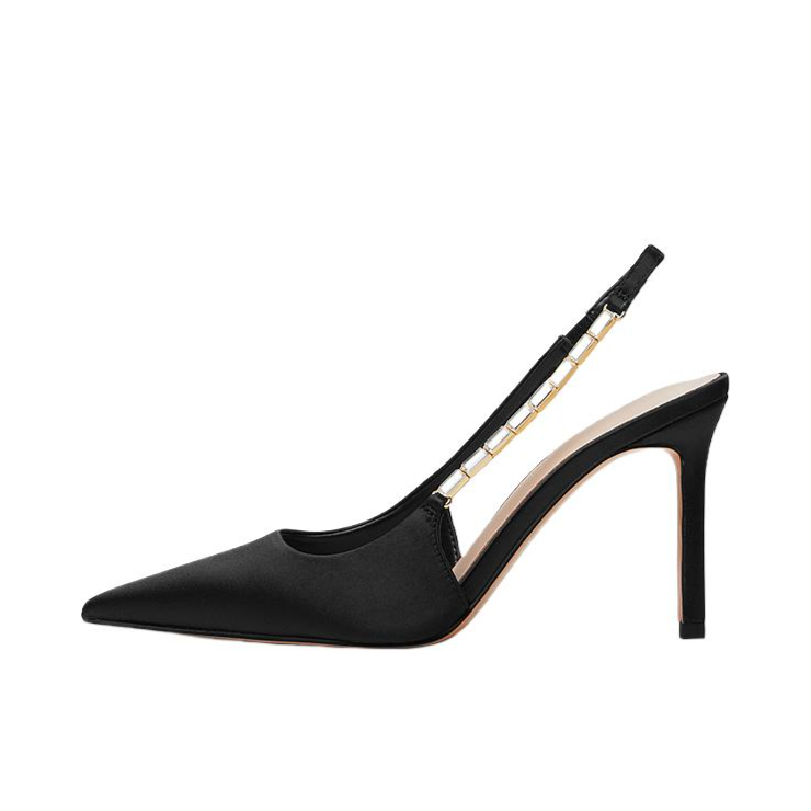 推荐商品：CHARLES&KEITH 婚礼系列 高跟鞋 细高跟链条尖头细跟织物晚宴年会新娘合成革一字带 黑色纹理