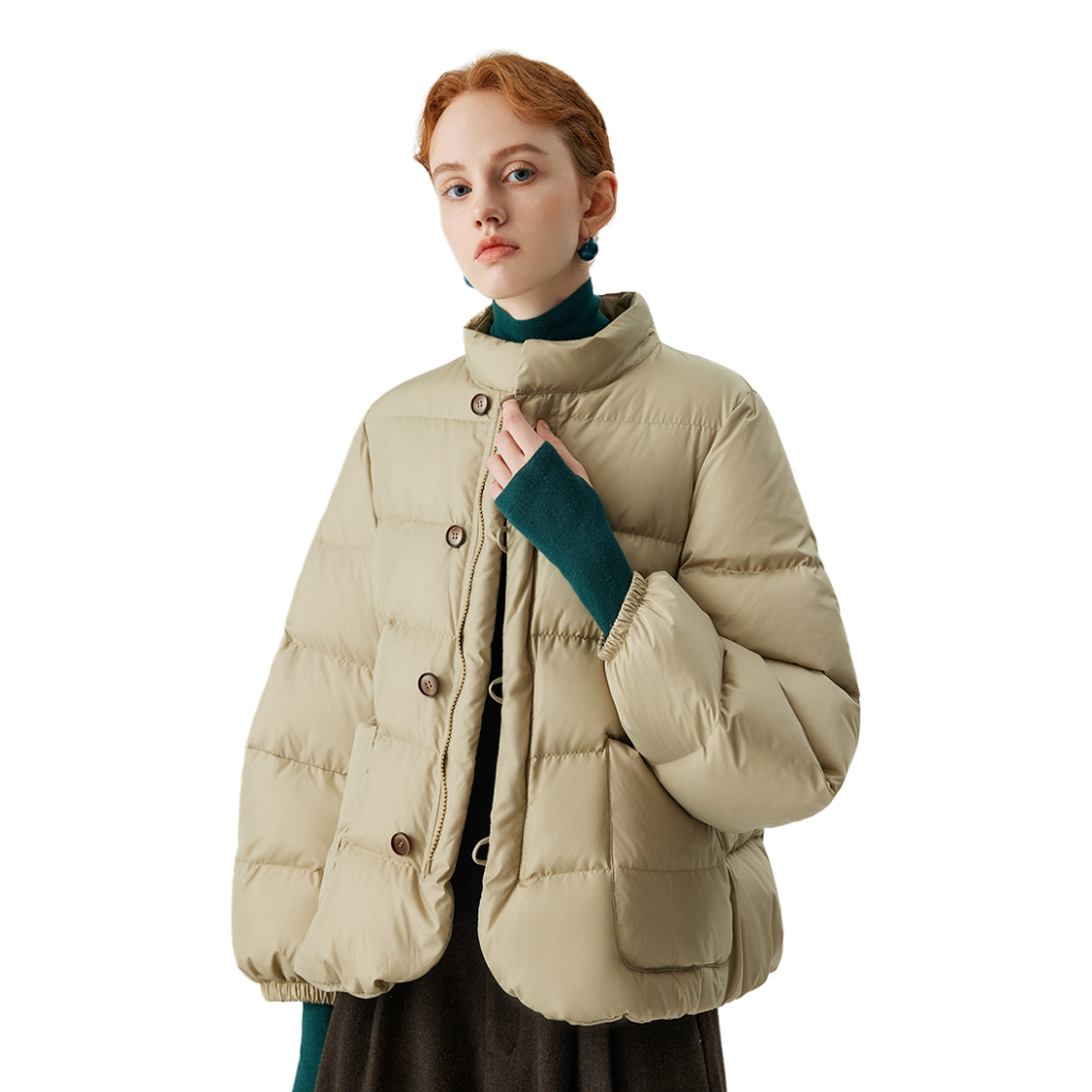 推荐商品：EIN/言  鸭绒小立领松紧羊腿袖短款羽绒服 女装 WF1501B41 浅杏