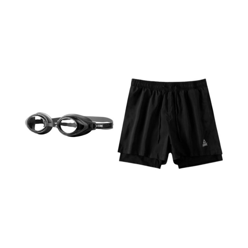 推荐商品：Peak 防尴尬温泉海边泳池装备双层速干聚酯纤维中腰男士五分裤平角泳裤 YS03110 黑泳裤+黑泳镜