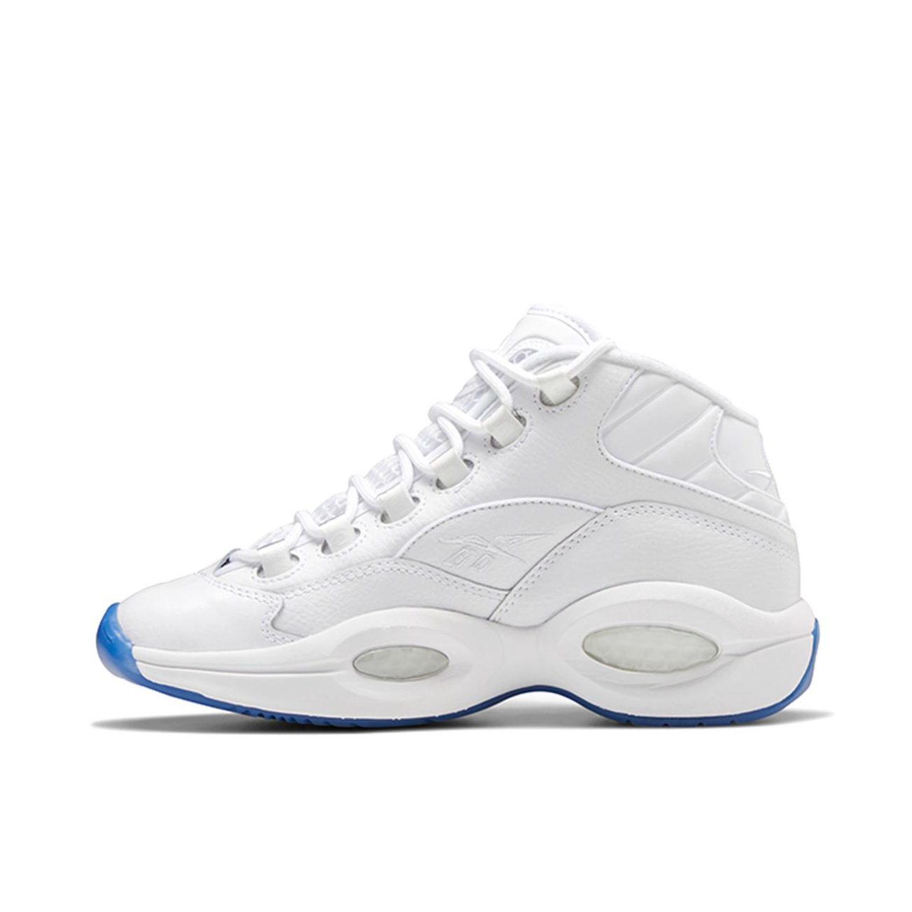 推荐商品：Reebok/锐步 Question 复古 减震 防滑耐磨 实战 透气 运动 包裹性 篮球鞋 白色/蓝色