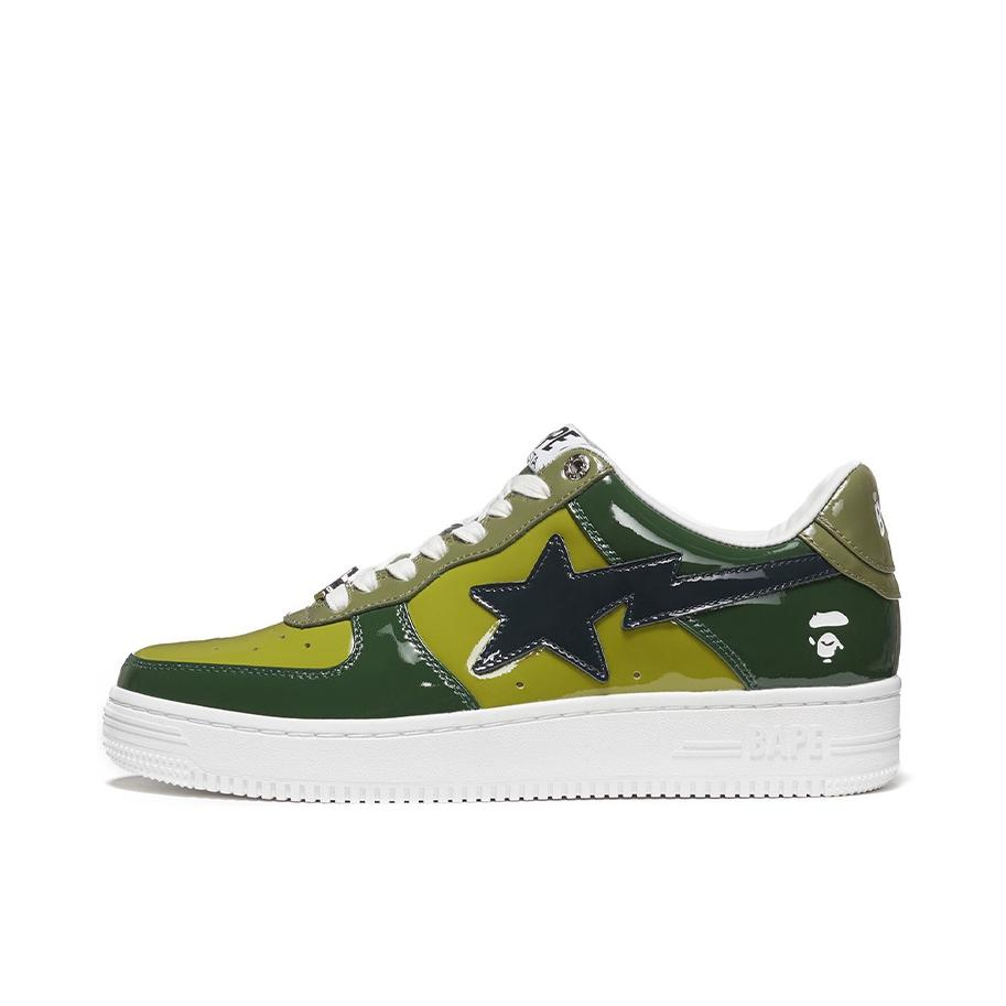 推荐商品：Bape Sta 板鞋 拼接舒适皮革防滑耐磨系带圆头时尚简约复古百搭牛皮压纹平跟徽标星星图案 黄色/绿色