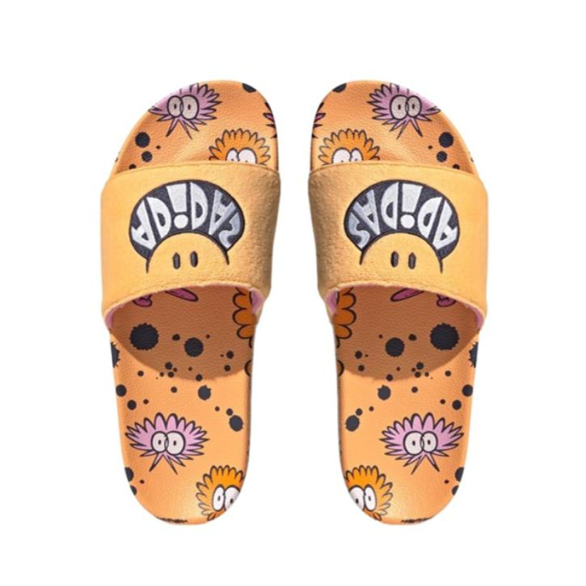 推荐商品：adidas Originals Adilette 一字 潮流时尚 轻便透气 防滑 沙滩 拖鞋 Kevin Lyons Slide联名/橙黄/白色/黑色