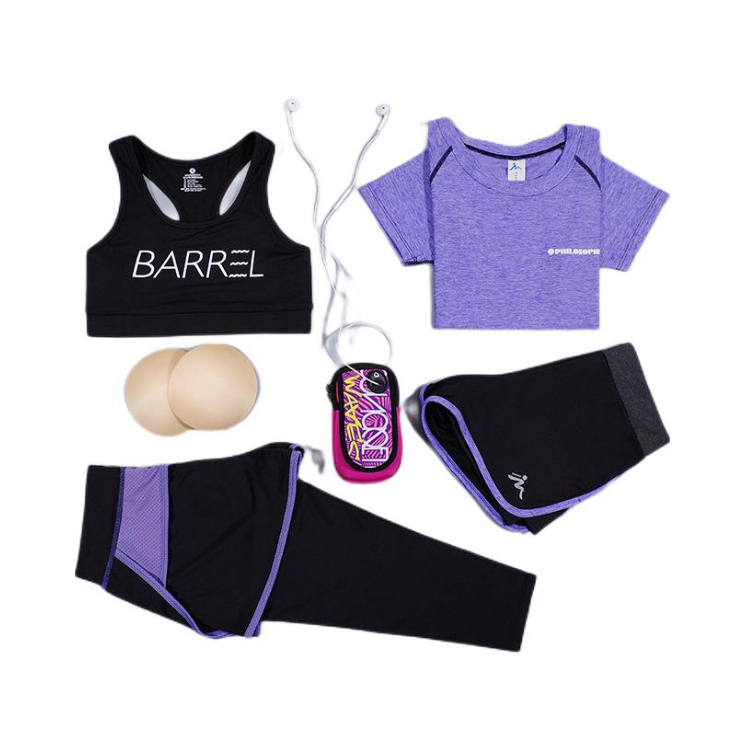 推荐商品：哈梵  七分短袖含胸垫套头瑜伽服 女装 紫短袖+黑文胸+七分裤+短裤