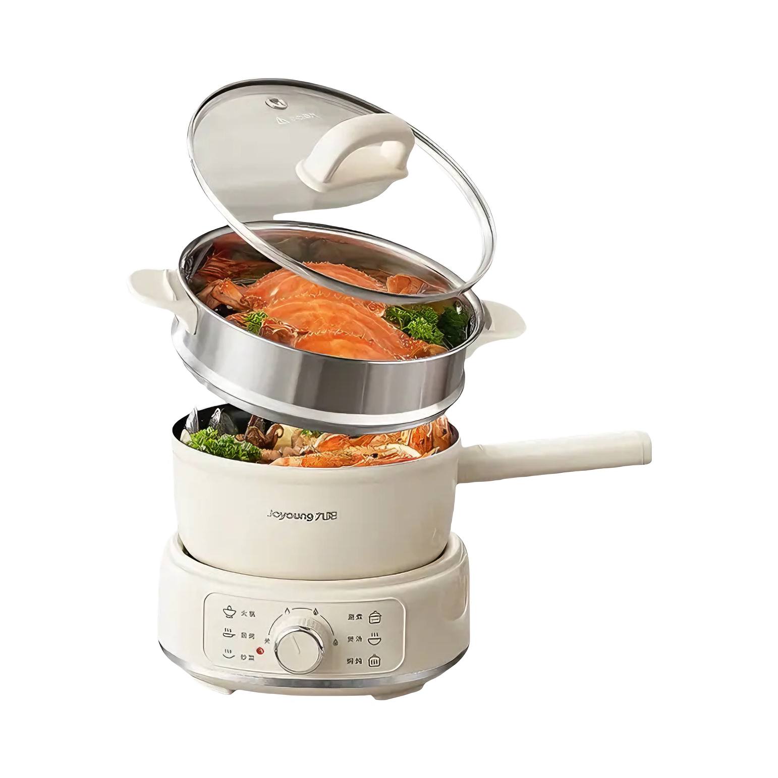 推荐商品：Joyoung/九阳 多功能锅 2.5L 易清洁 预约定时 旋钮控温 煎炒蒸煮一体 炒菜 泡面 分体式 蒸笼款