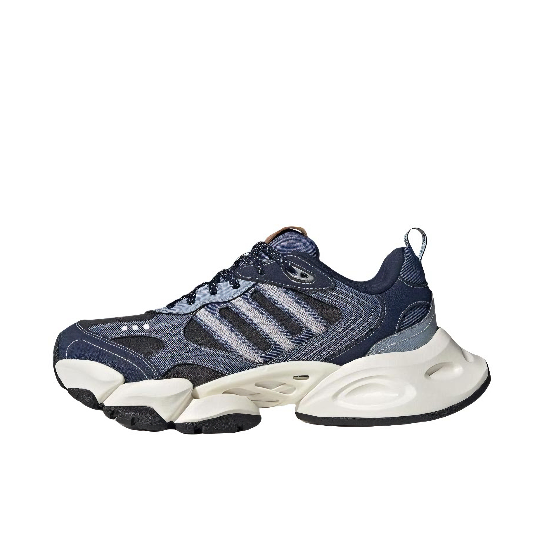 推荐商品：adidas XLG Runner Deluxe 赛博 跑鞋 轻运动增高轻机甲鞋圆头 亮白/学院藏青蓝/一号黑