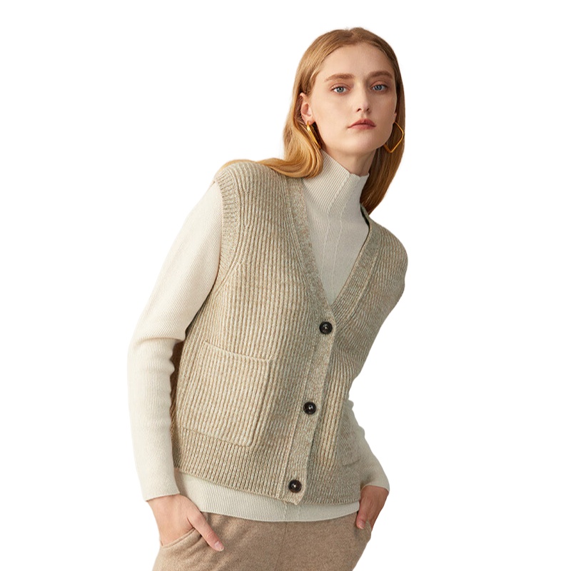 推荐商品：珍贝 V领纯羊绒针织保暖马甲 女装 D21140 驼夹白