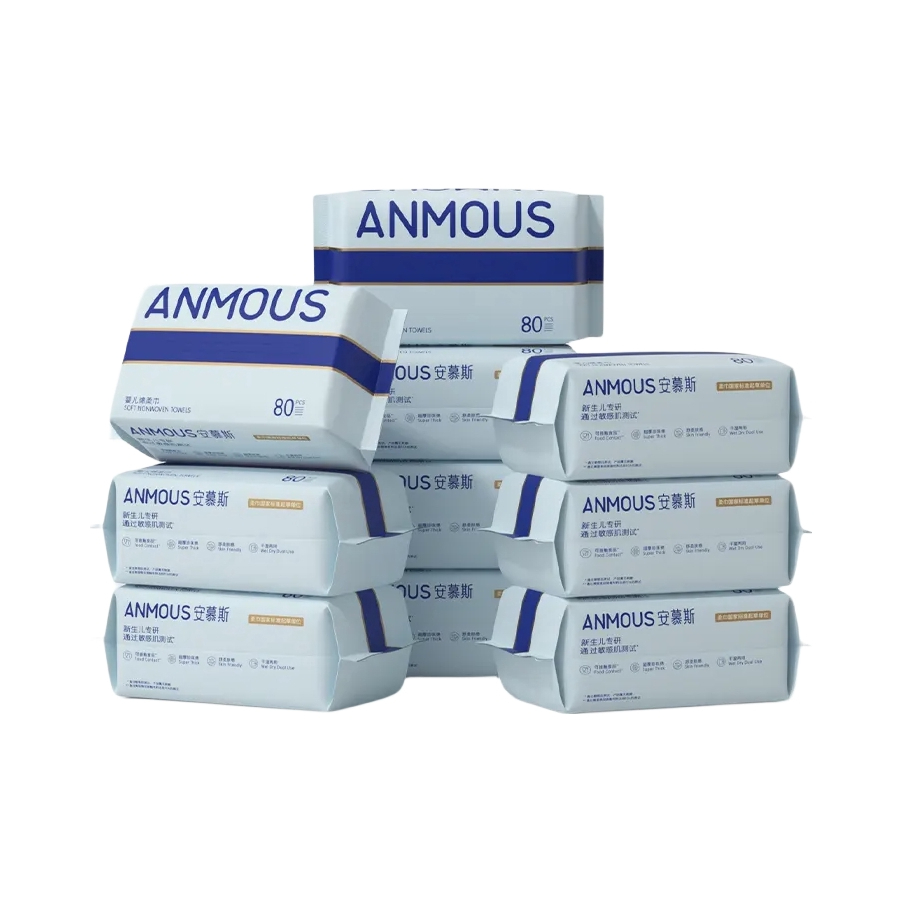 推荐商品：安慕斯/anmous 婴儿干湿两用手口屁专用珍珠纹棉柔巾加大加厚擦脸巾非湿巾抽取抽取式非可用可用棉柔巾悬挂式蓝包非棉柔巾