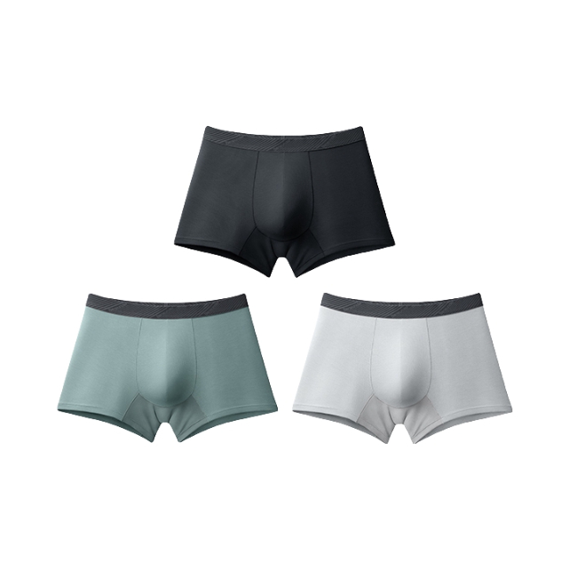 推荐商品：蕉下 莫代尔系列棉质排汗强透气提臀无感无痕底裆抑菌底裆防夹臀中腰男士平角内裤 灰榄绿+漫暮黑+月凝灰/3条装