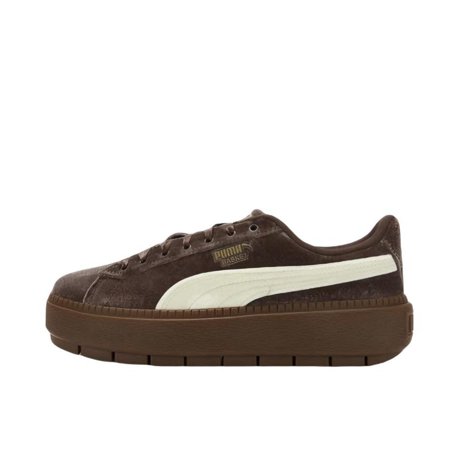 推荐商品：Puma/彪马 PLATFORM VELVET 糕鞋 板鞋 复古系带低帮增高厚底鞋松糕鞋 女款/咖啡棕/奶油香草色/金色