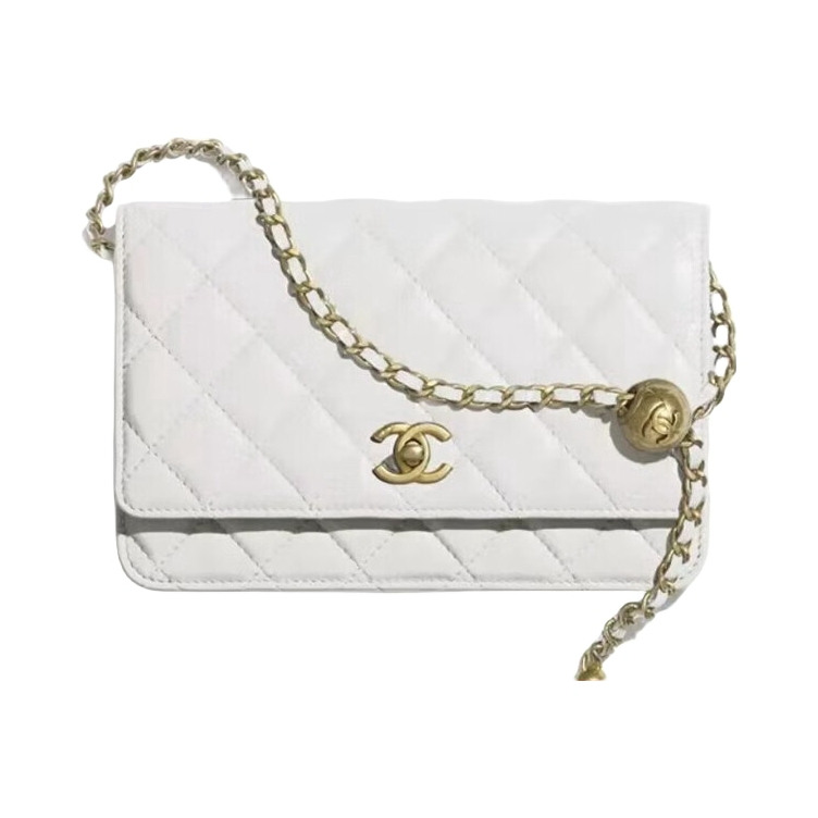 Chanel/香奈儿 22C 小金球Woc翻盖菱格链条小羊皮穿链金扣皮发财包单肩包斜挎包 白色