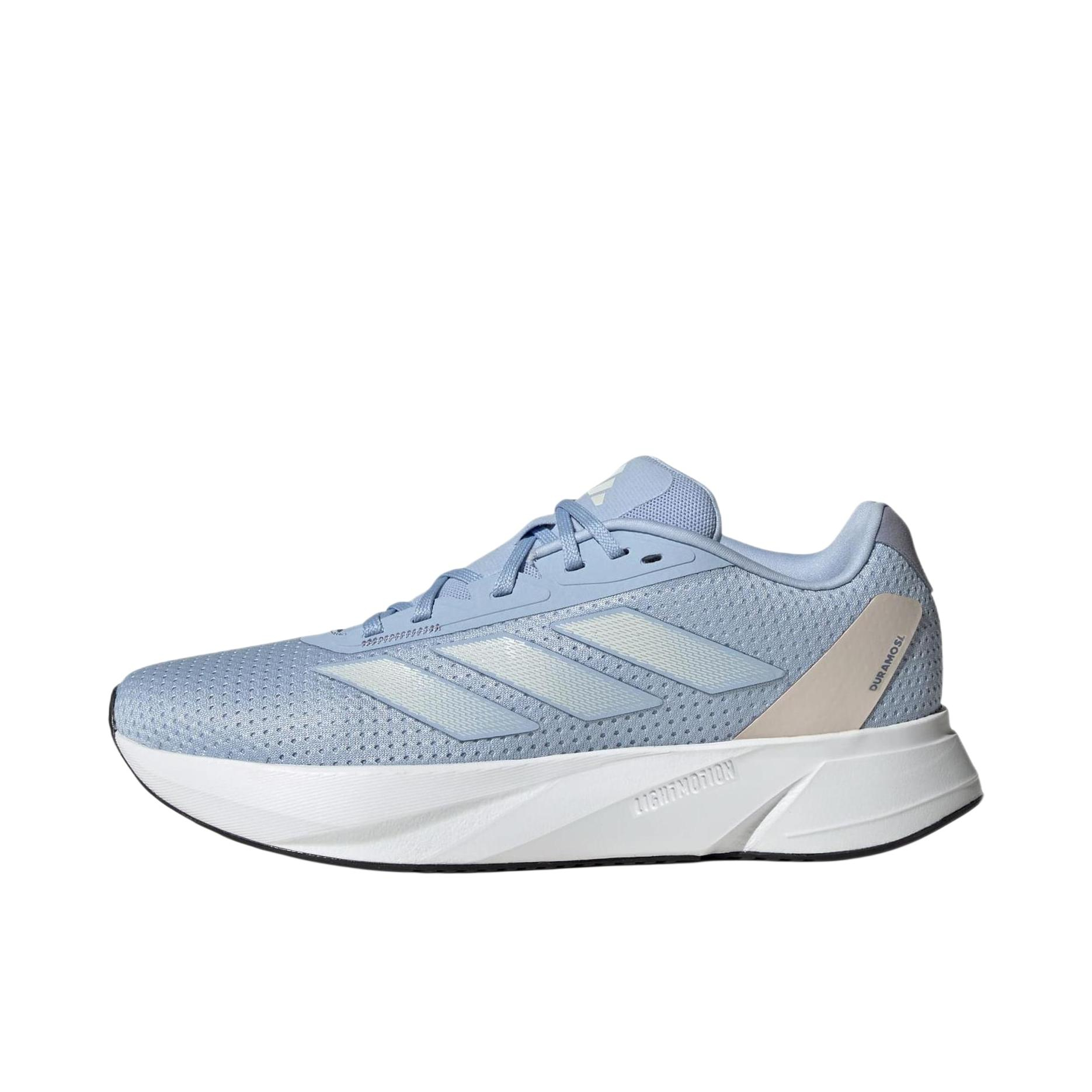 推荐商品：adidas Duramo Speed 跑鞋 减震回弹轻便防滑耐磨网面透气碳板备赛短跑稳定圆头 女款/白色/蓝色