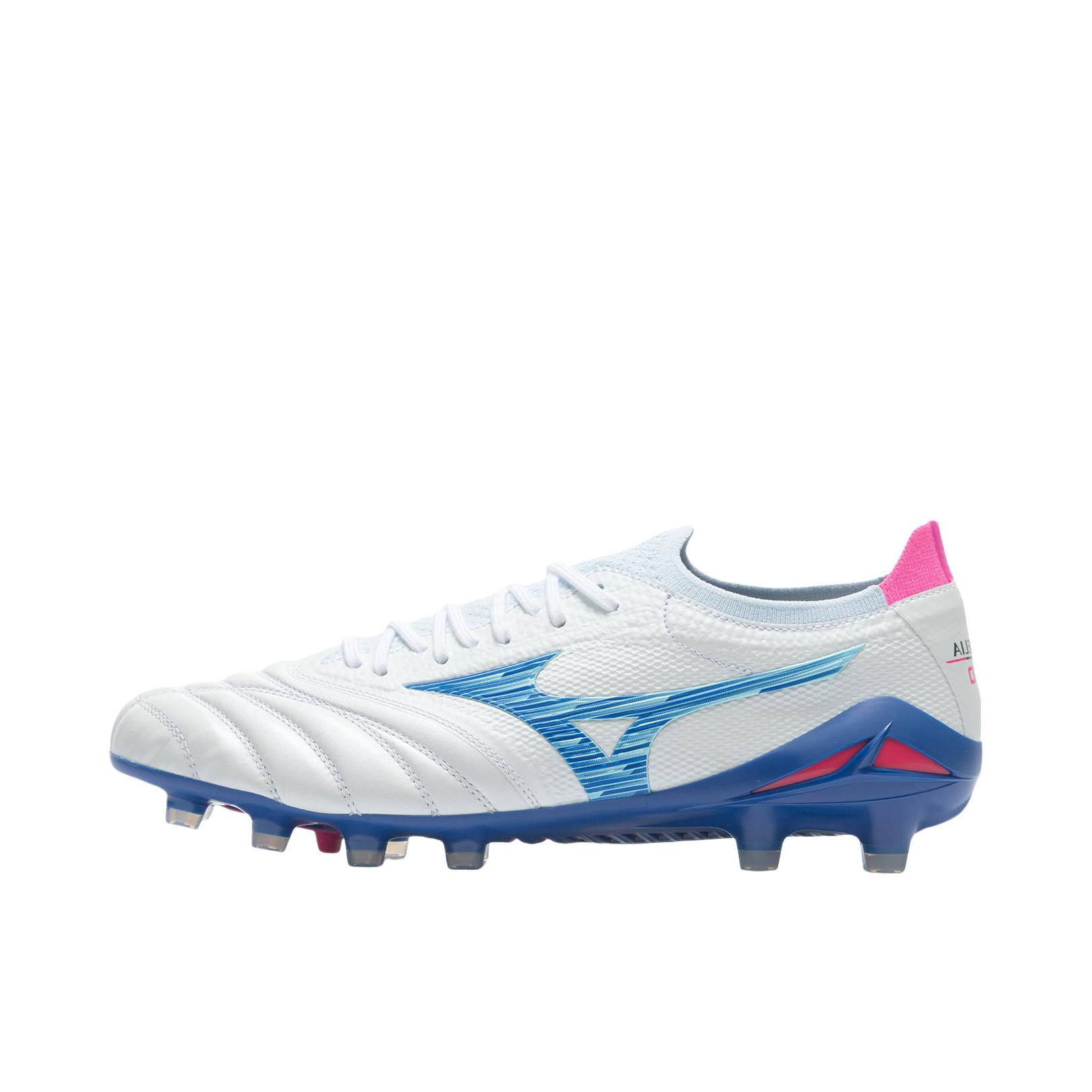 推荐商品：Mizuno/美津浓 Morelia NEO 4 FG 防滑耐磨 圆头 胶质长钉 天然草地 足球鞋 白色/蓝色