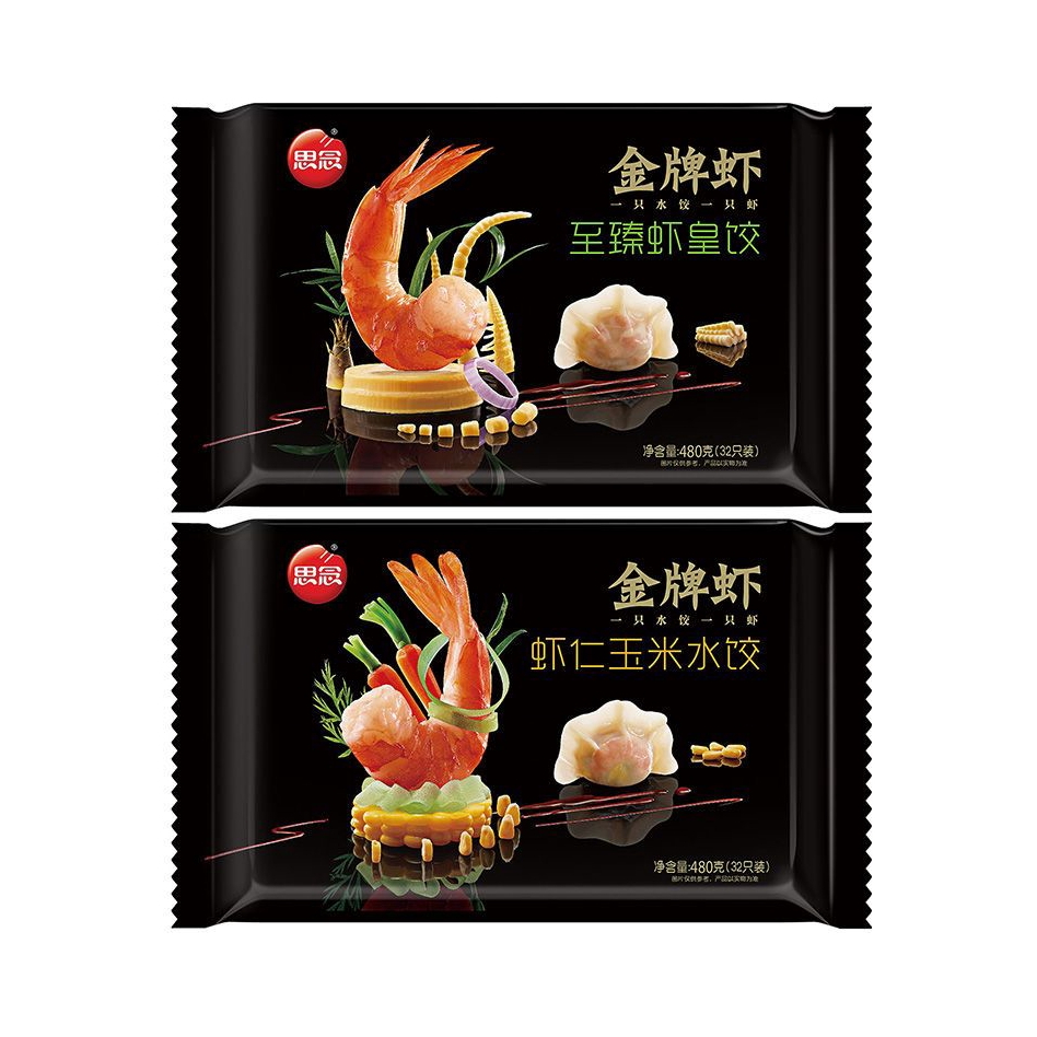 推荐商品：思念 金牌虾水饺 480g/袋 2口味组合 速冻手工三鲜早餐半成品