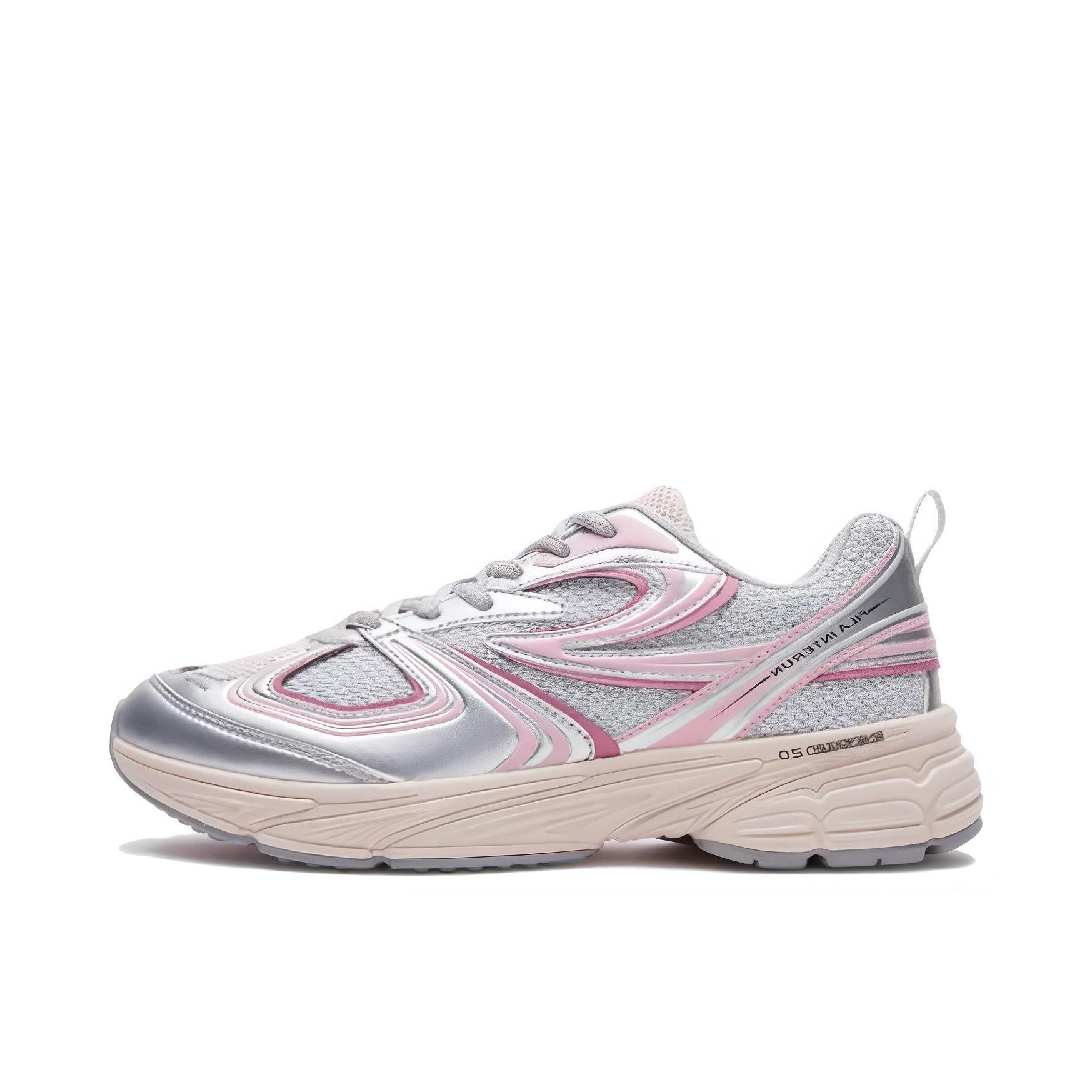 推荐商品：FILA/斐乐 Interrun 合成革 防滑耐磨 舒适减震 网布透气 复古百搭 跑鞋 银色/粉色
