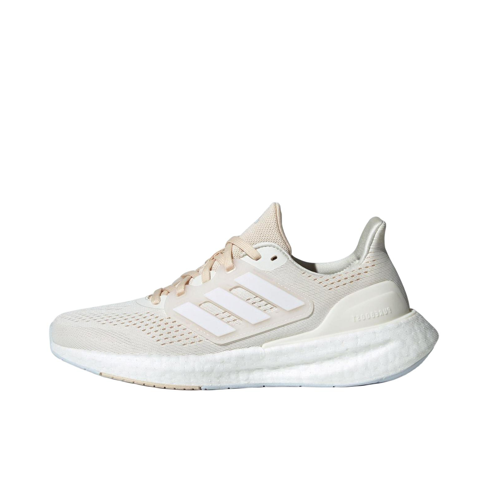 推荐商品：adidas Pureboost 22 跑鞋 网面舒适透气减震耐磨回弹运动织物随心畅跑短跑全掌支撑平跟圆头 淡芝麻土色/灰