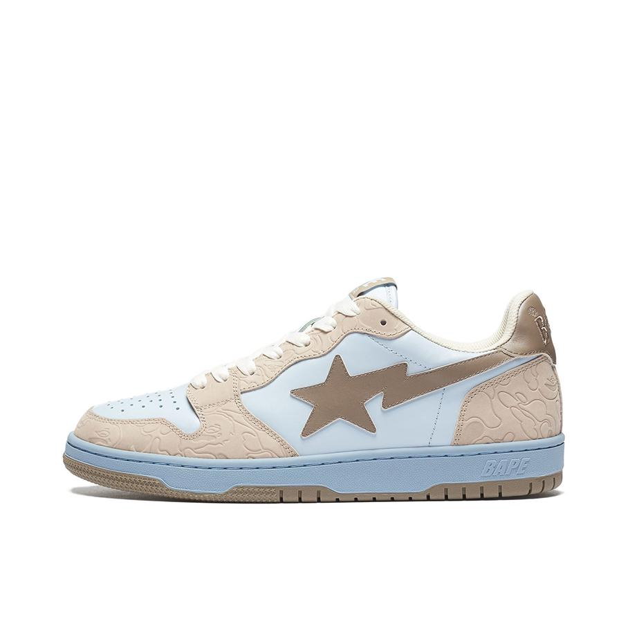 推荐商品：Bape Sta 板鞋 拼接舒适皮革防滑耐磨系带圆头时尚简约复古百搭牛皮压纹平跟徽标星星图案 浅蓝色