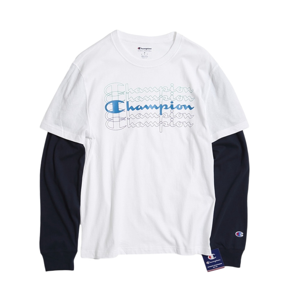 Champion/冠军 幻影草写拼接假两件长袖T恤 男女同款