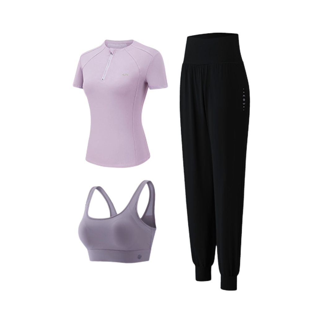 推荐商品：百思绒  速干纯色短袖运动套装 女装 20031362 紫黑三件套