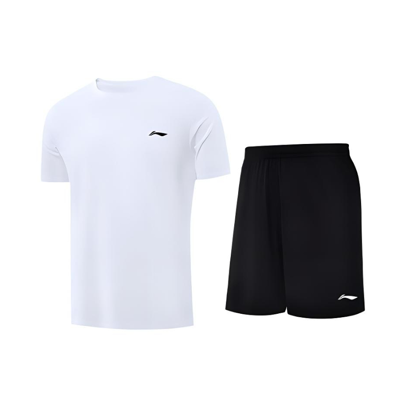 推荐商品：Li Ning/李宁童装 速干纯色圆领透气冰丝凉感短袖运动套装 中大童 YATV102 白短袖+黑短裤 