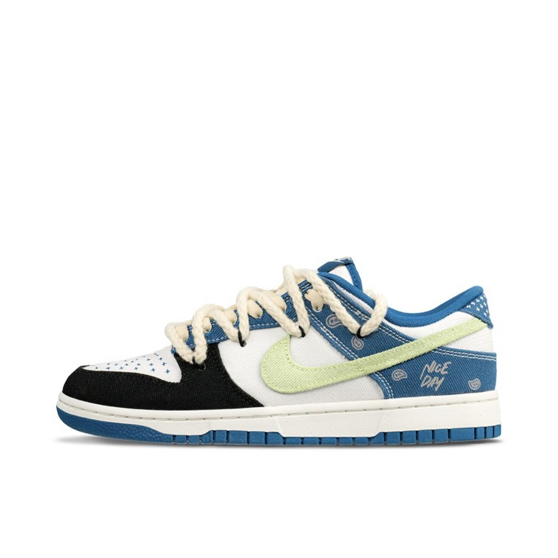 推荐商品：【定制球鞋】 Nike Dunk 板鞋 平跟系带防滑耐磨做旧高街简约百搭潮流复古美式 牛仔腰果花
