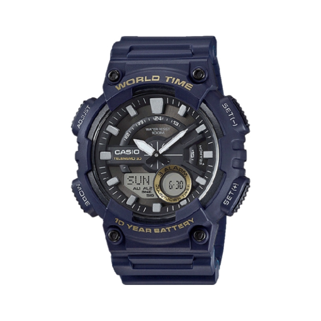 Casio/卡西欧 YOUTH系列 树脂表带十年电力多功能双显撞色夜光运动防水石英男士手表 蓝灰色 AEQ-110W-2A