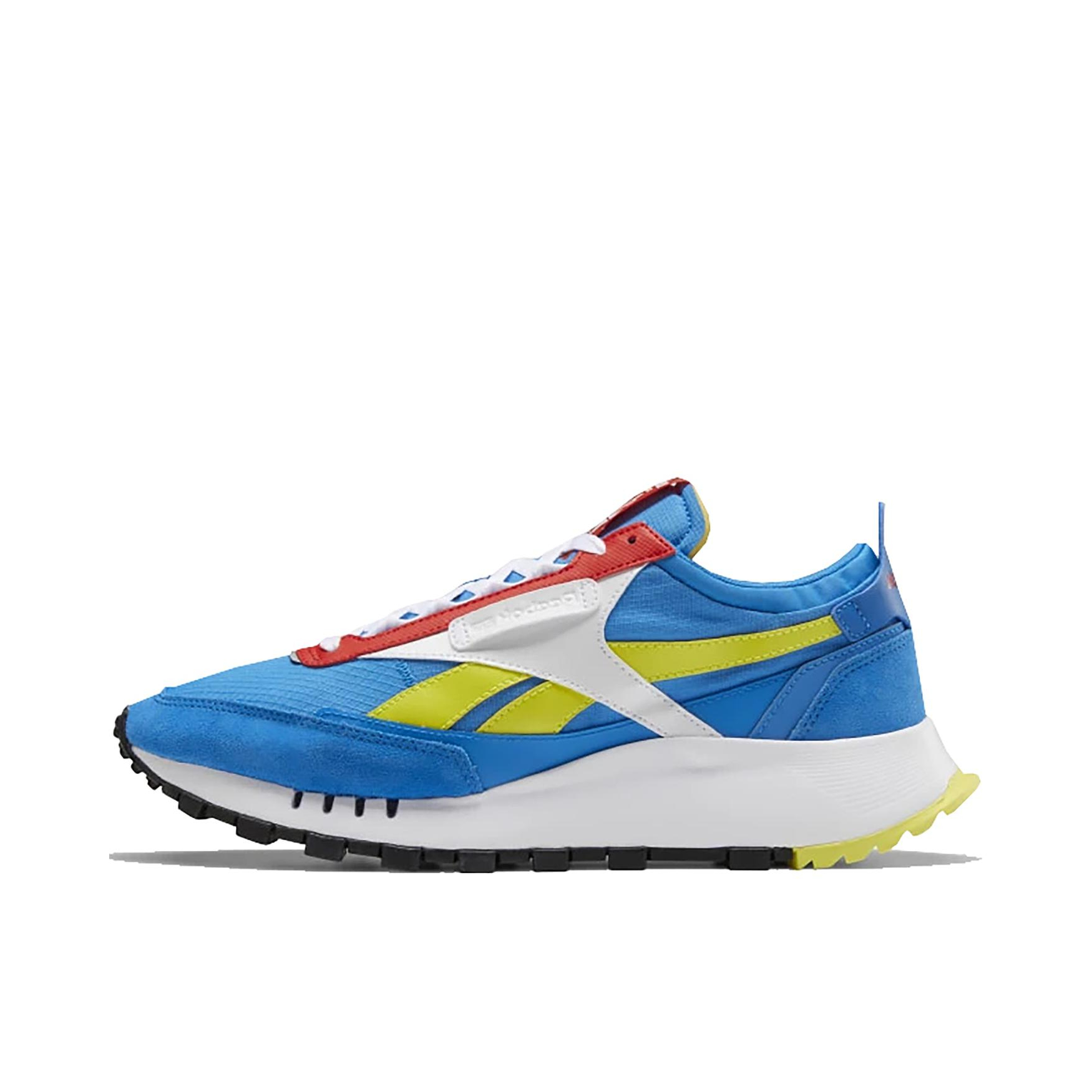 推荐商品：Reebok/锐步 Classic Leather Legacy 跑鞋 时尚复古合成革包裹性轻便减震增高 蓝色/黄色
