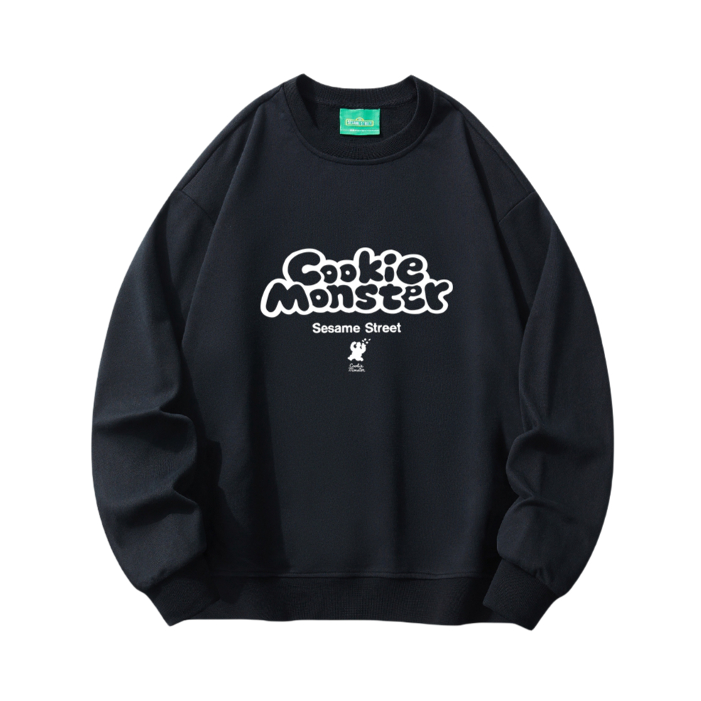 SESAME STREET/芝麻街 FW23 复古卡通趣味字母Logo印花套头圆领卫衣 男女同款 SSATT233LG6U 黑