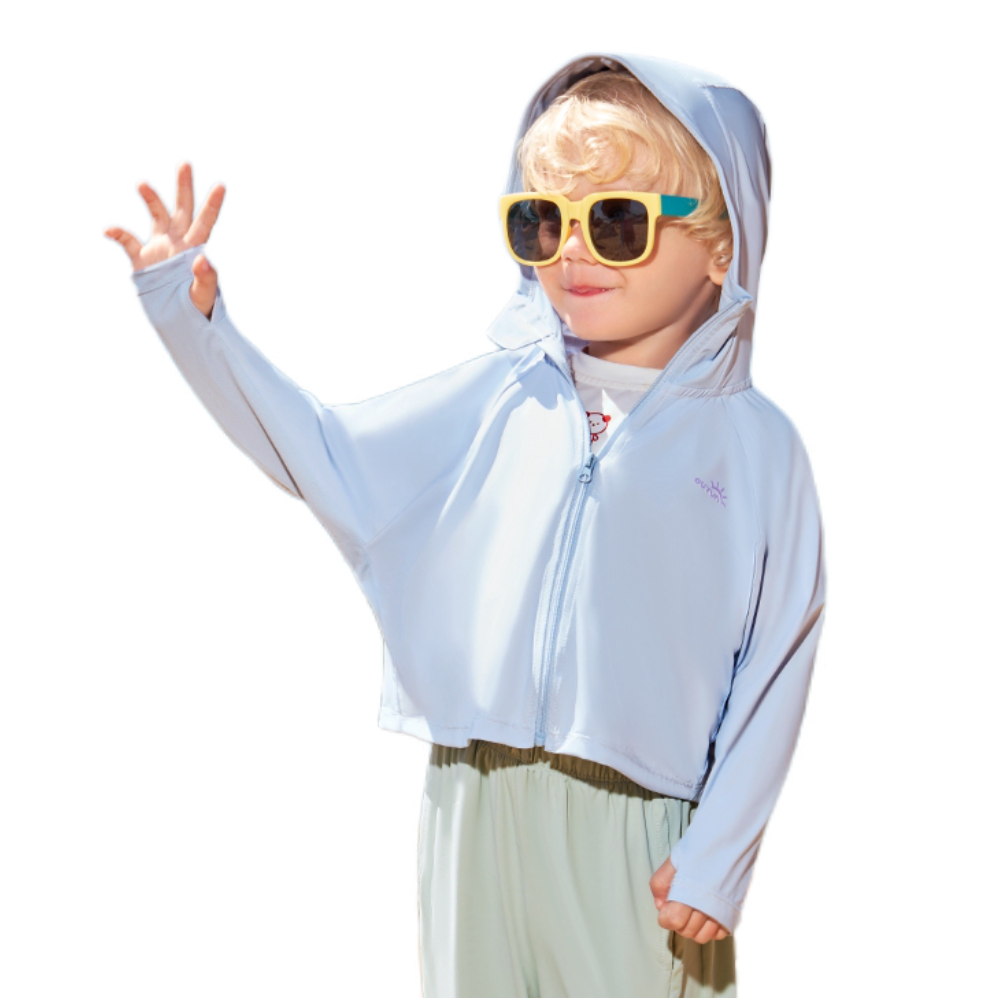 推荐商品：欧孕童装 纯色冰丝薄款开衫连帽防晒衣 中小童 OY555-24 迷雾蓝