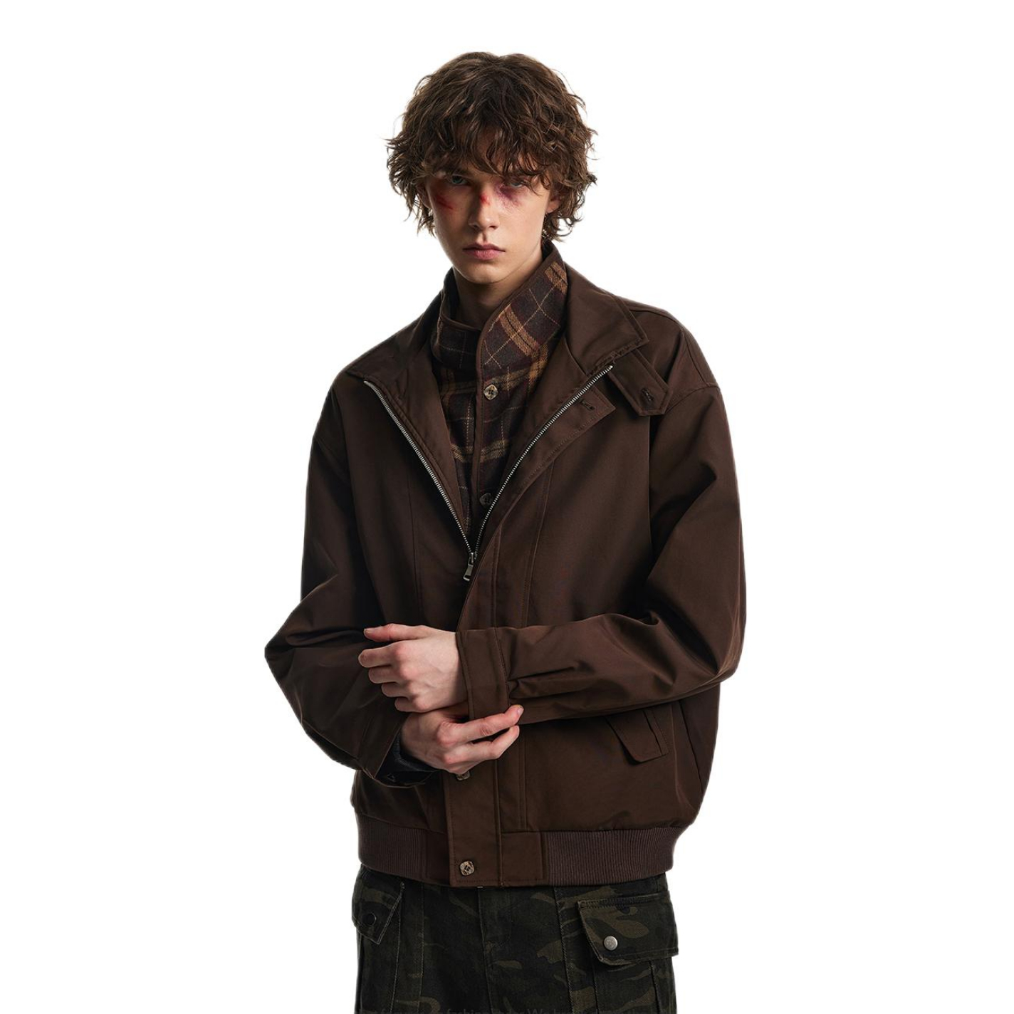 推荐商品：nofunnull没烦恼 假两件格纹拼接长袖棉服 25WACEHJ5808 棕