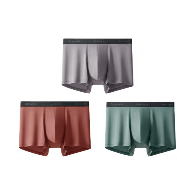 推荐商品：蕉下 莫代尔系列棉质排汗强透气提臀无感无痕底裆抑菌底裆防夹臀中腰男士平角内裤 3条装/薄烟紫+砖木红+灰榄绿