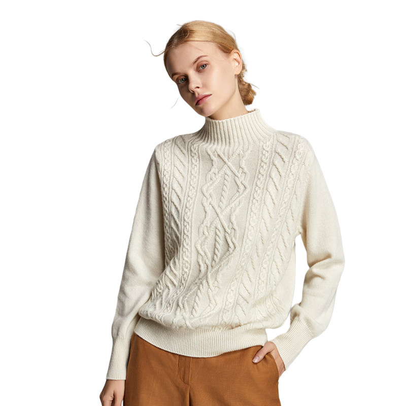 推荐商品：珍贝 纯色纯羊绒绞花加厚高领毛衣 女装 TM5715 白